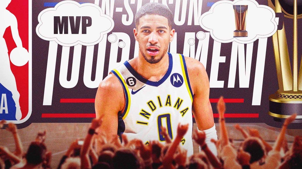 Pacers guard Tyrese Haliburton with thought bubbles that lead to the NBA Cup and "MVP"