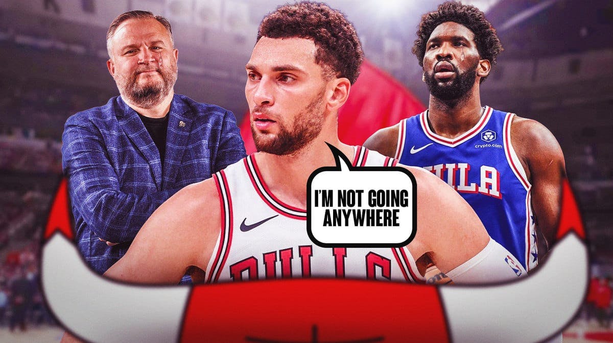 Bulls' Zach LaVine saying "i'm not going anywhere" to Sixers' Daryl Morey and Joel Embiid