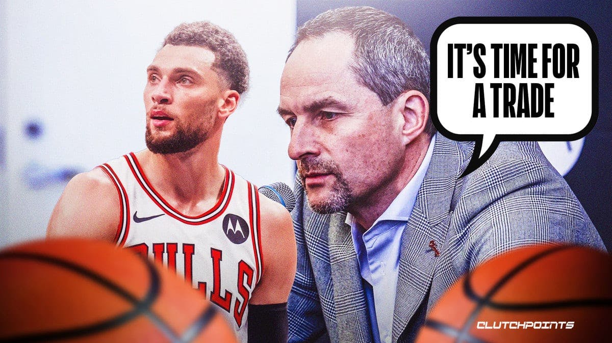 Bulls executive Arturas Karnisovas saying "It's time for a trade" next to Zach LaVine.