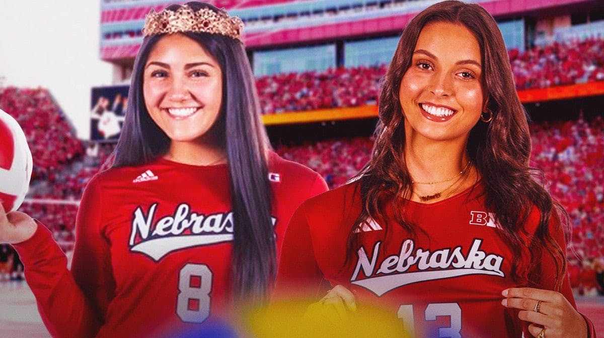 The University of Nebraska women’s volleyball team, with cut-outs of players Lexi Rodriguez and Merritt Beason as the main focus