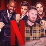 Bobby Berk and the cast of Queer Eye with a Netflix logo.