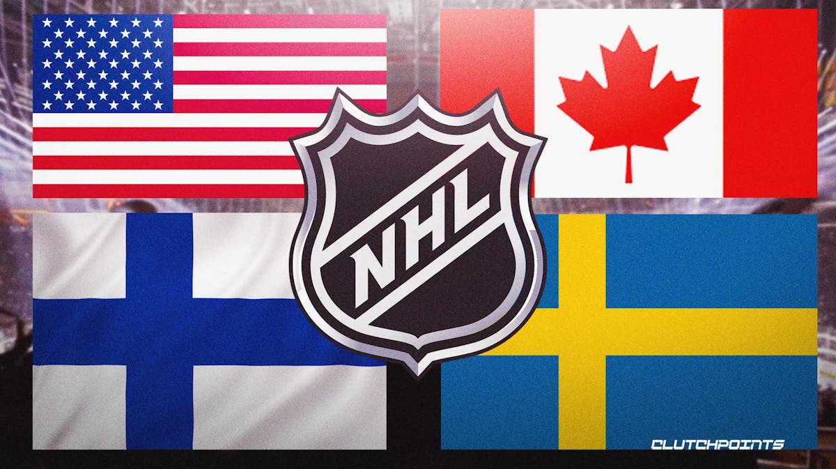 NHL logo surrounded by Flags of USA, Canada, Finland and Sweden