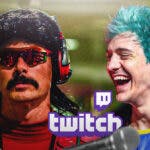 Popular online gaming streamers Dr Disrespect and Ninja, with the Twitch logo sandwiched between them