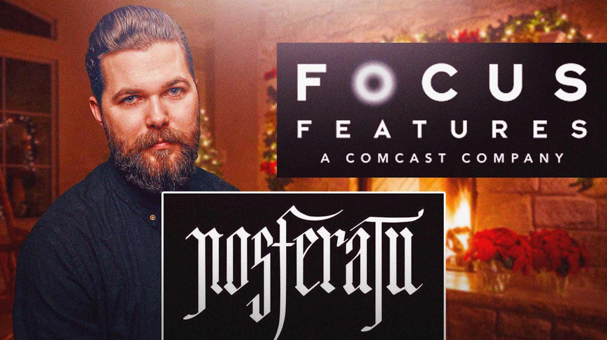 Nosferatu logo and Focus Feature logo with Robert Eggers and Christmas background.