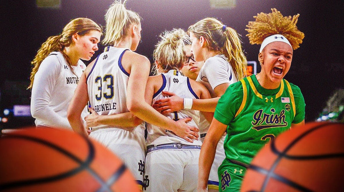 Notre Dame women's basketball player Hannah Hidalgo, with other Fighting Irish players