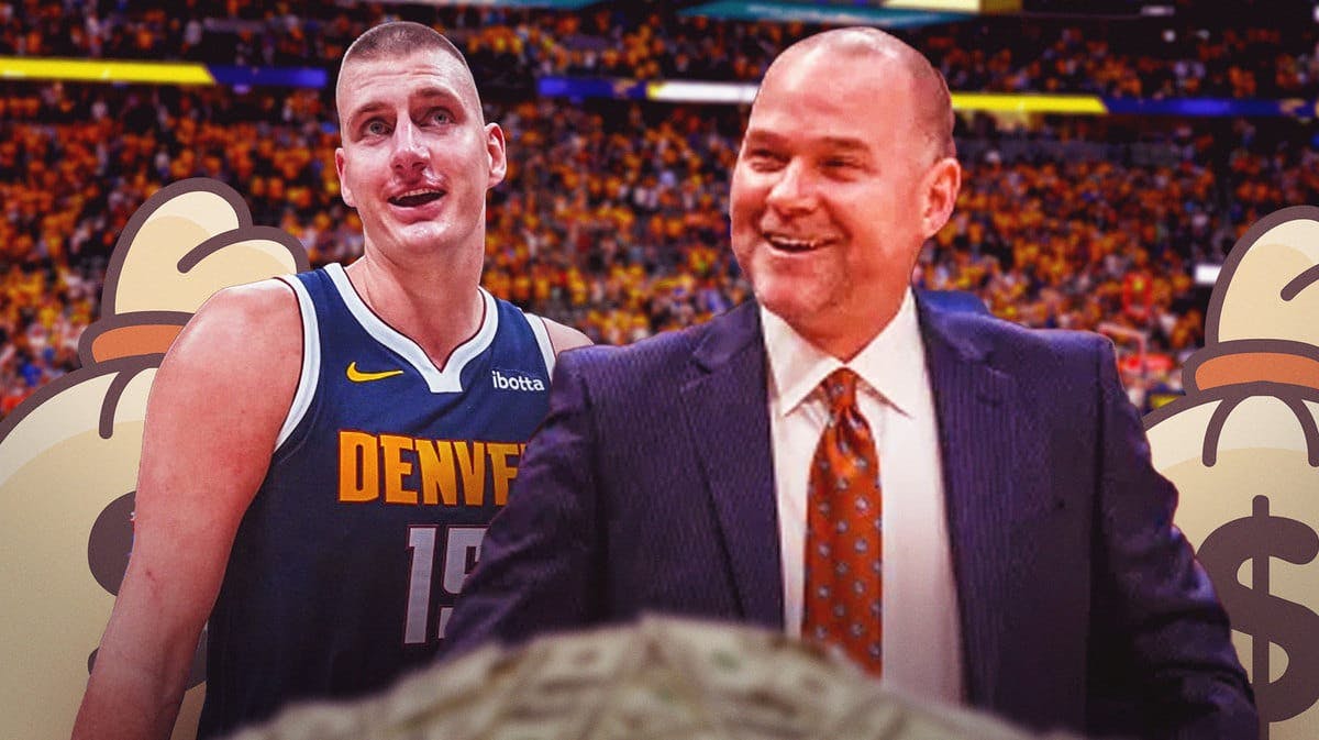 Nuggets Nikola Jokic with Michael Malone before game vs Magic and Paolo Banchero