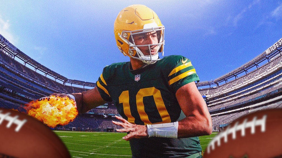 Packers' Jordan Love throwing football with fire on it.