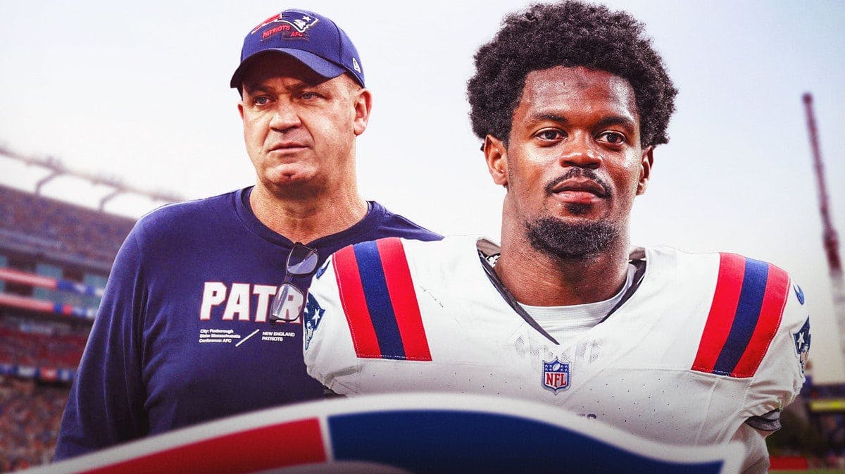 Bill O'Brien with Tyquan Thornton and the Patriots' logo.
