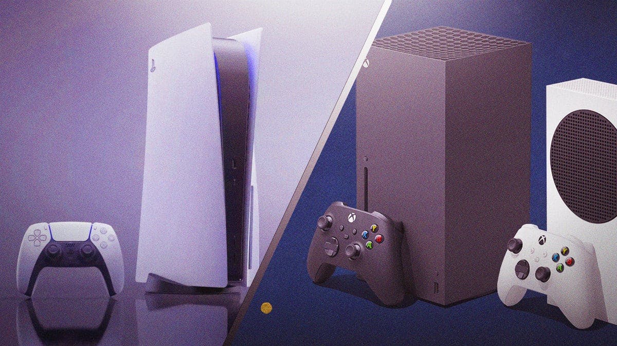 PlayStation 5 and Xbox Series X/S divided by a split screen