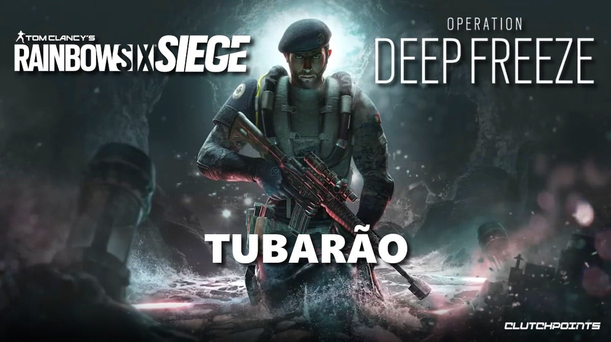 tubarao siege, tubarao siege weapons, tubarao siege gadget, tubarao loadout, tubarao, a key art for Tubarao with the rainbow six siege logo on the upper left and the operation deep freeze logo on the upper right and the text Tubarao on the bottom middle part