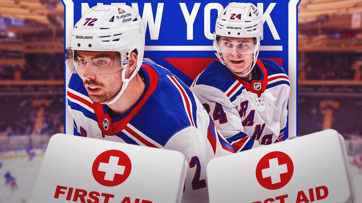 Filip Chytil and Kaapo Kakko both in image looking stern, first aid kit, NY Rangers logo, hockey rink in background