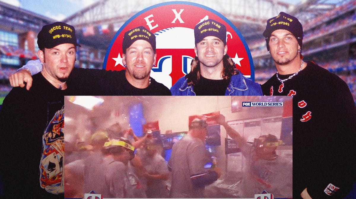 A screenshot of the Texas Rangers celebrating in the clubhouse in one of the below tweets, the band Creed in image if possible, baseball field in background, TX Rangers logo
