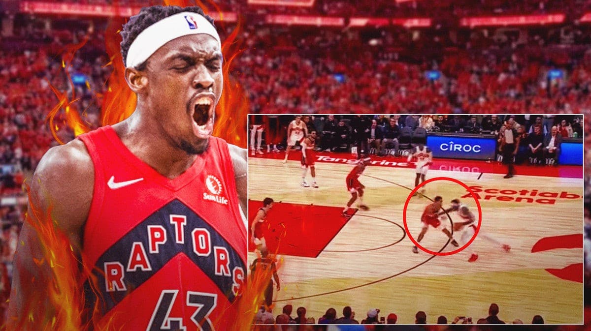 Put a red circle on Raptors' Pascal Siakam attacking Jordan Poole's defense