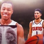 Scottie Barnes in middle of image looking happy with meme featuring chest x-ray with dog in image, Devin Booker and Kevin Durant on either side looking stern, basketball court in background, Toronto Raptors