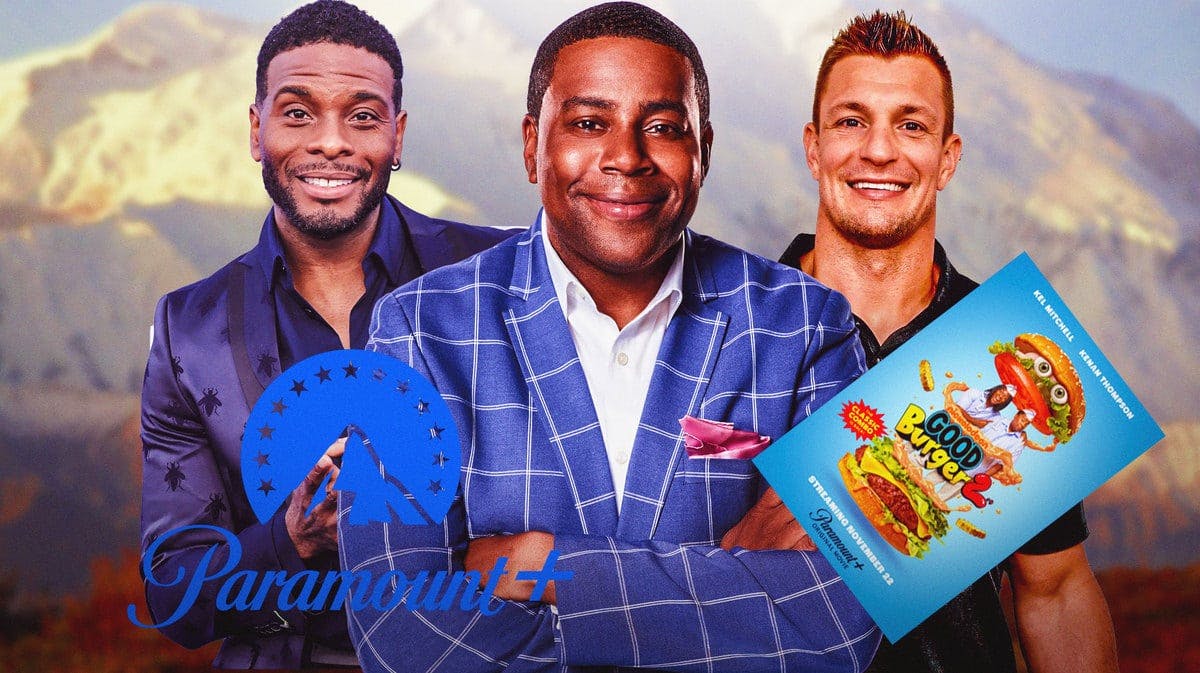 Paramount+ logo and Good Burger 2 poster with Kel Mitchell, Kenan Thompson, and Rob Gronkowski in background.