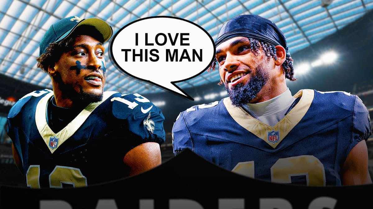New Orleans Saint Chris Olave and speech bubble “I Love This Man” and image of Saint Michael Thomas next to him