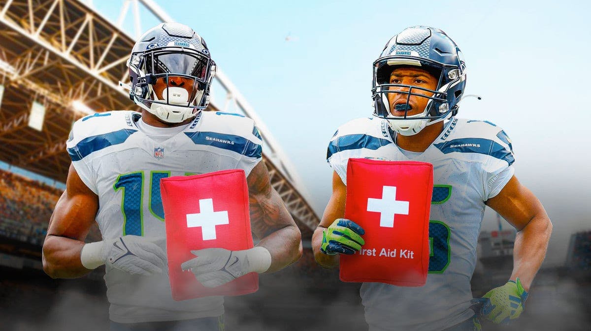 Seahawks' DK Metcalf and Tyler Lockett holding first-aid kits