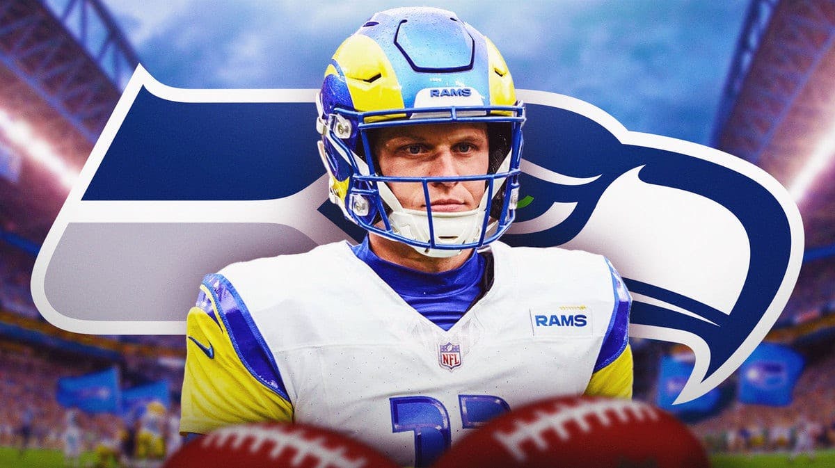 Former Los Angeles Rams quarterback Brett Rypien in front of the Seattle Seahawks logo.
