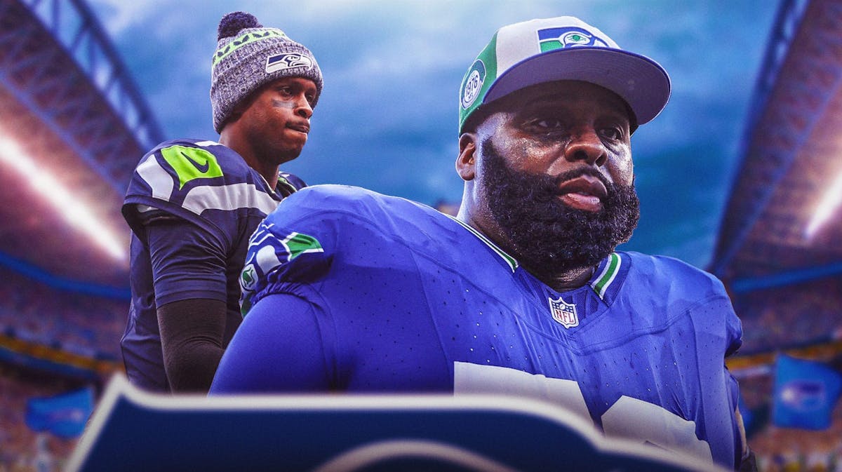 Seahawks quarterback Geno Smith on the left with lineman Jason Peters on the right.