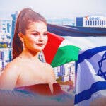 Selena Gomez, alongside images of the Israeli and Palestinian flags, with a picture of Israel in the background