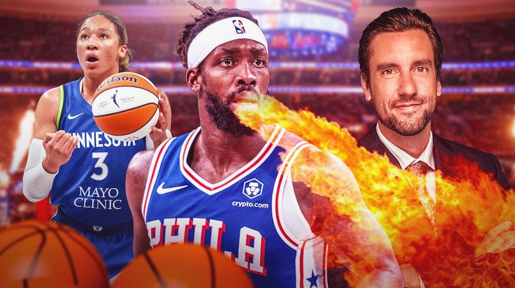 Sixers' Patrick Beverley breathing fire at Clay Travis. Place Aerial Powers (Minnesota Lynx) in background shooting a basketball