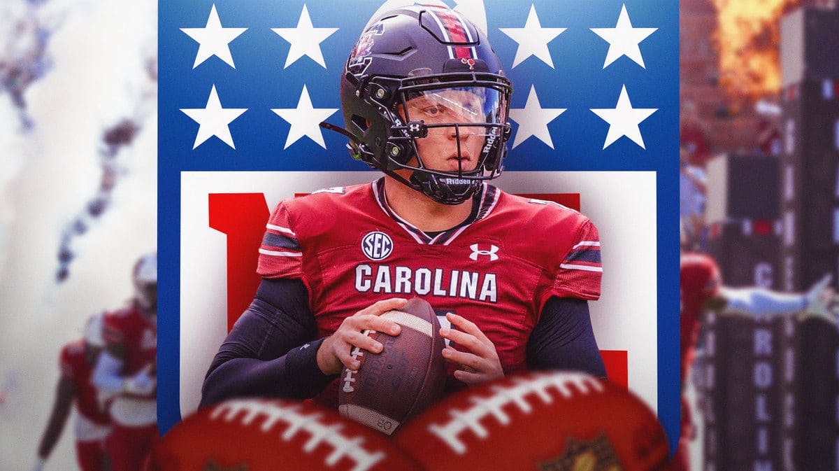 South Carolina football quarterback Spencer Rattler in front of the NFL logo.