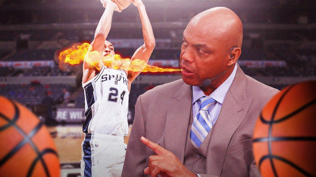 Charles Barkley breathing fire at Spurs' Devin Vassell. Have Vassell shooting a basketball.