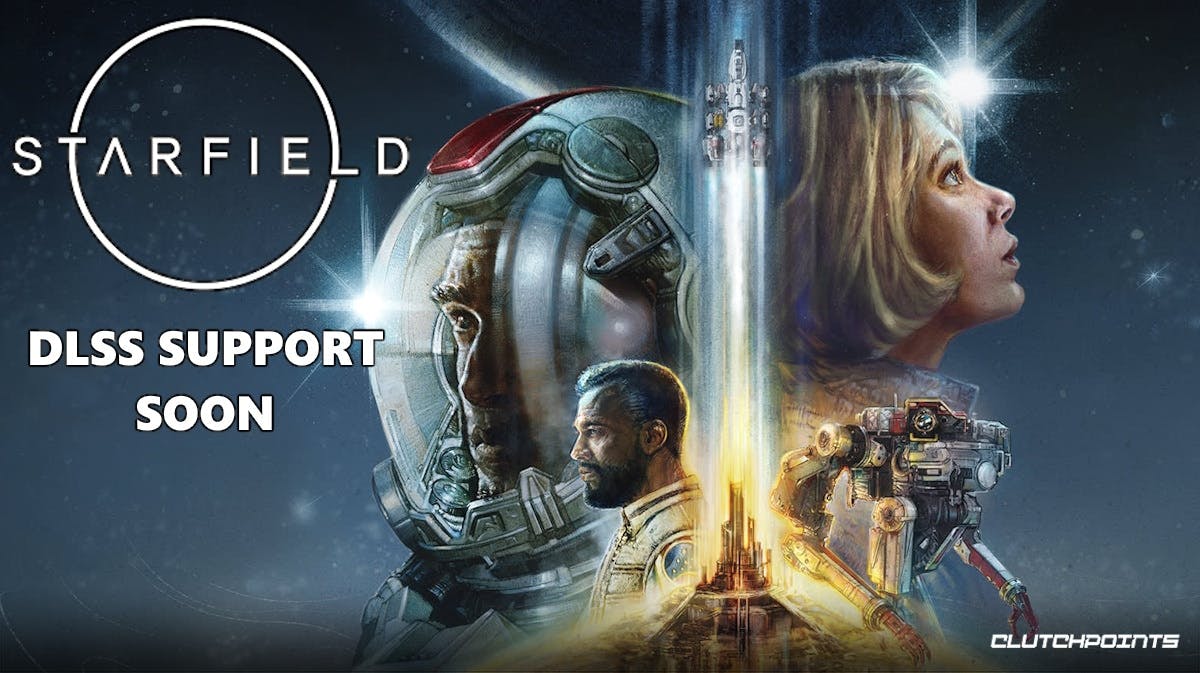 starfield dlss, starfield dlss support, starfield official dlss, starfield nvidia, starfield, a key visual for Starfield with the game logo on the left side and the word DLSS support soon under it