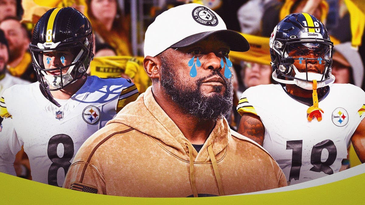 Kenny Pickett, Diontae Johnson, Coach Mike Tomlin all with tear emojis 💧 and crying Pittsburgh Steelers fans in the background.