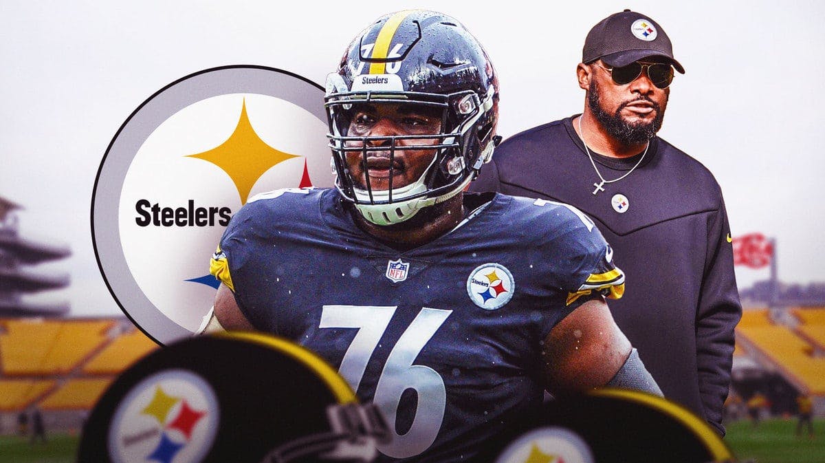 Chuks Okorafor in middle of image looking stern, Mike Tomlin in image, Steelers logo, football field in background