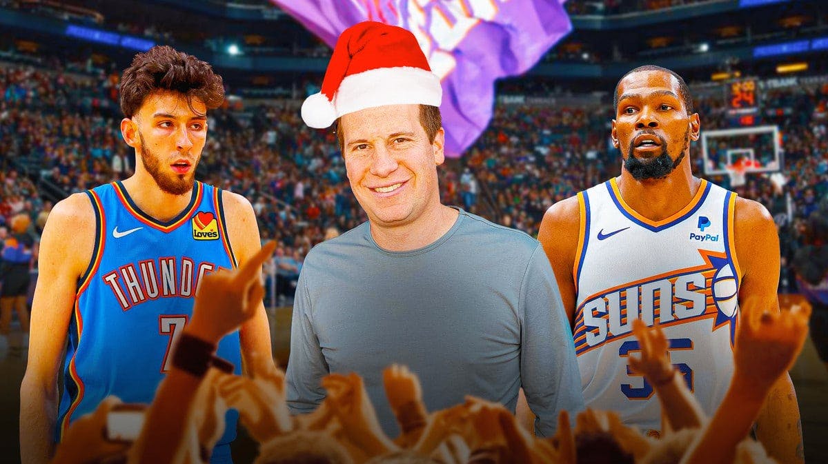Suns owner Mat Ishbia with a Santa Claus hat, Kevin Durant and Chet Holmgren (Thunder) in the background