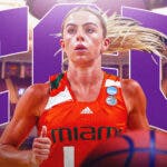 Miami University women’s basketball player Haley Cavinder in front of the Texas Christian University logo