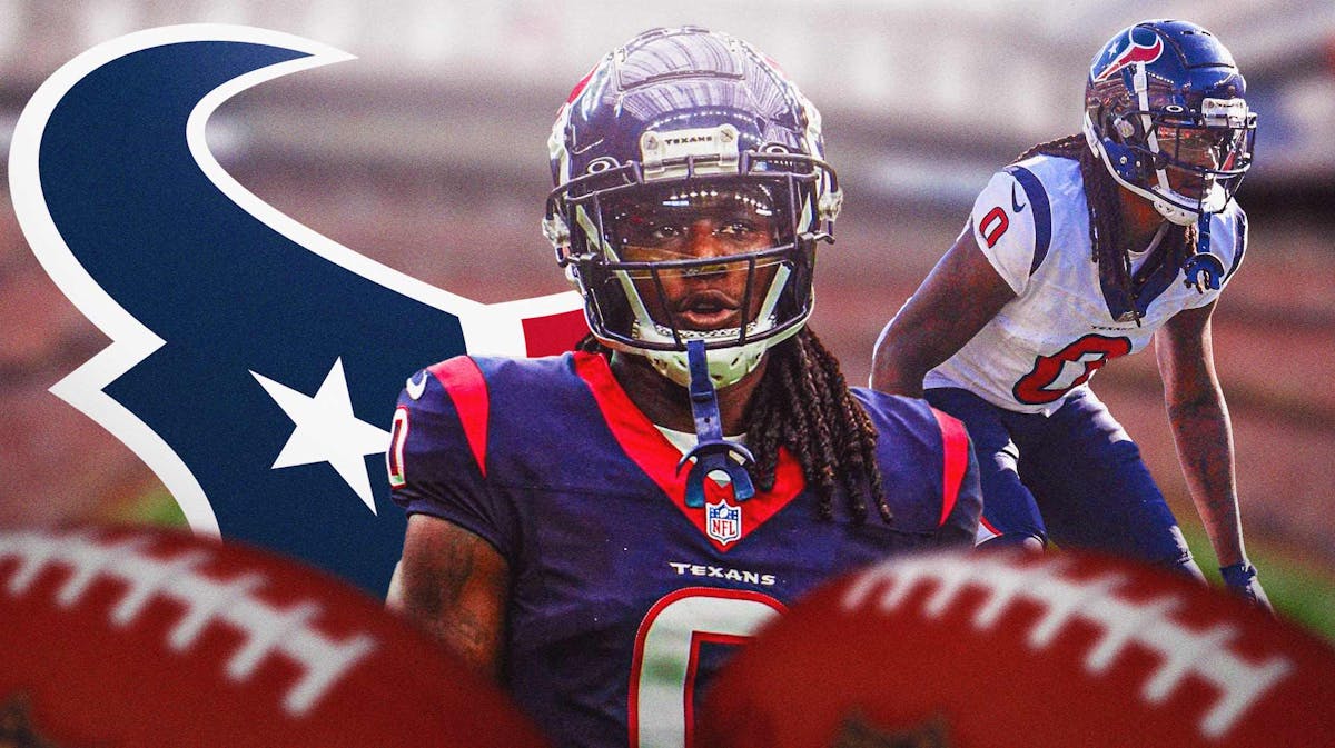 Shaquill Griffin in a Texans uniform with Texans logo behnid him