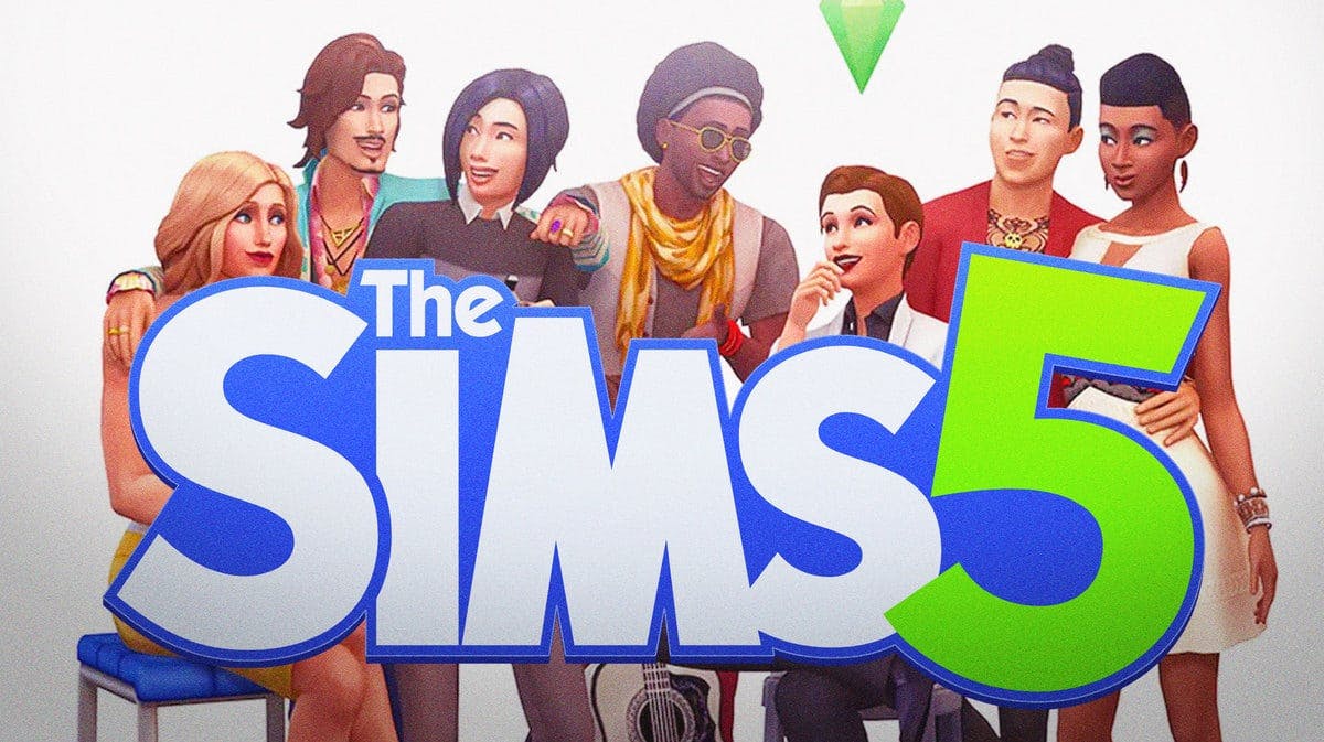 The Sims 5 logo with sims characters in the background