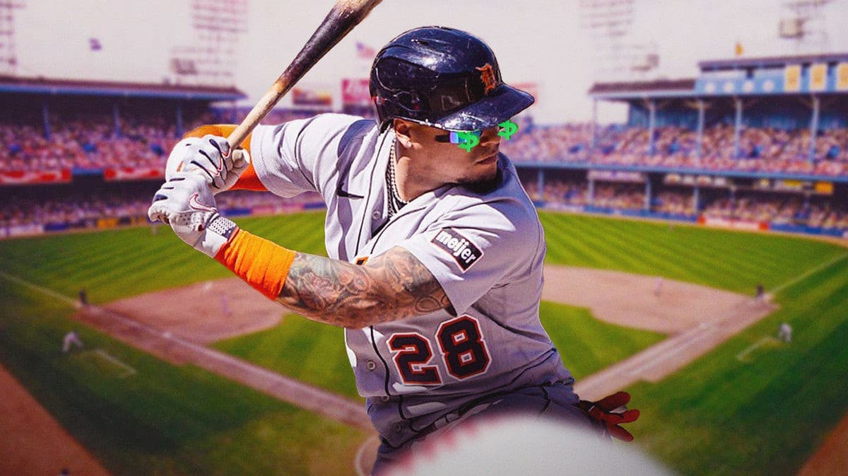 Tigers' Javier Baez swinging a bat. Place dollar signs in his eyes