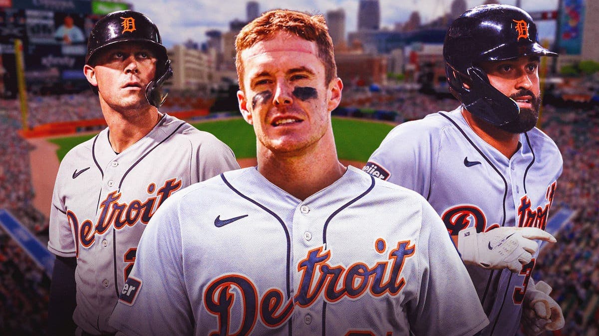 New Detroit Tigers outfielder Mark Canha with new teammates Riley Greene and Spencer Torkelson after a trade with the Milwaukee Brewers.