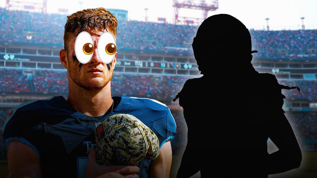 SILHOUETTE of Marquez Callaway (ACTION SHOT please) with Will Levis of the Titans with eyes emoji and looking at Callaway