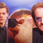 Harry Styles and self-titled album cover next to U2 bono with the MSG Sphere in background.