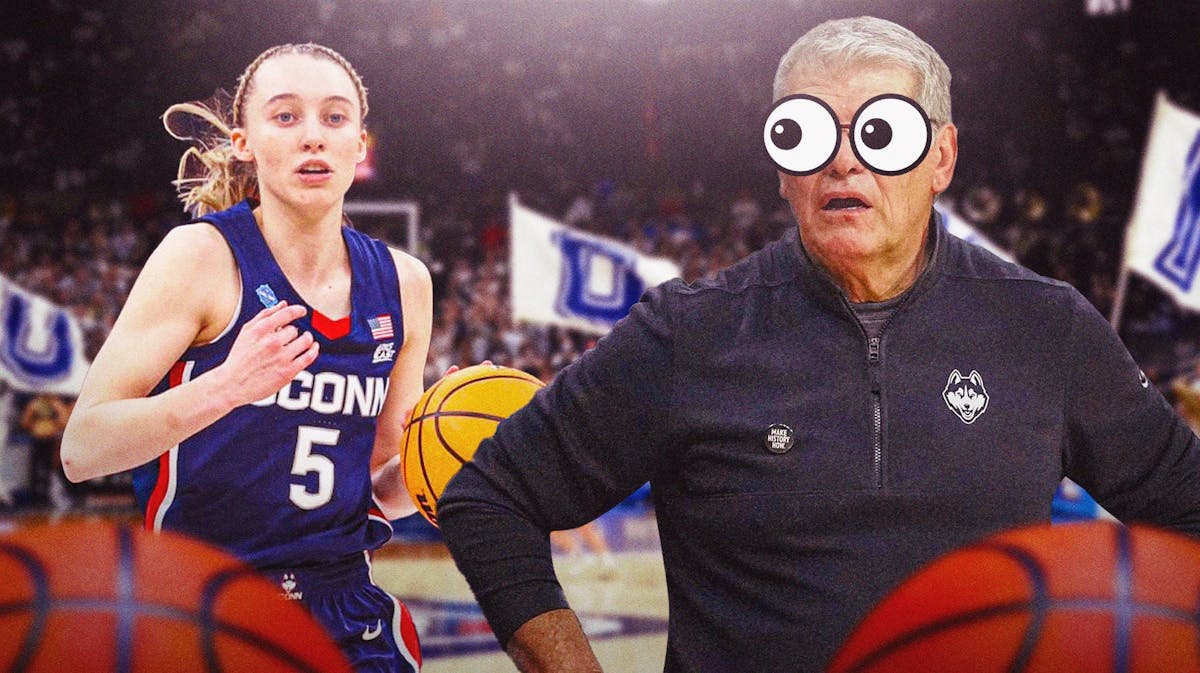 UConn women’s basketball coach Geno Auriemma with the eyeball emojis in his eyes, with UConn player Paige Bueckers on the other side of the image
