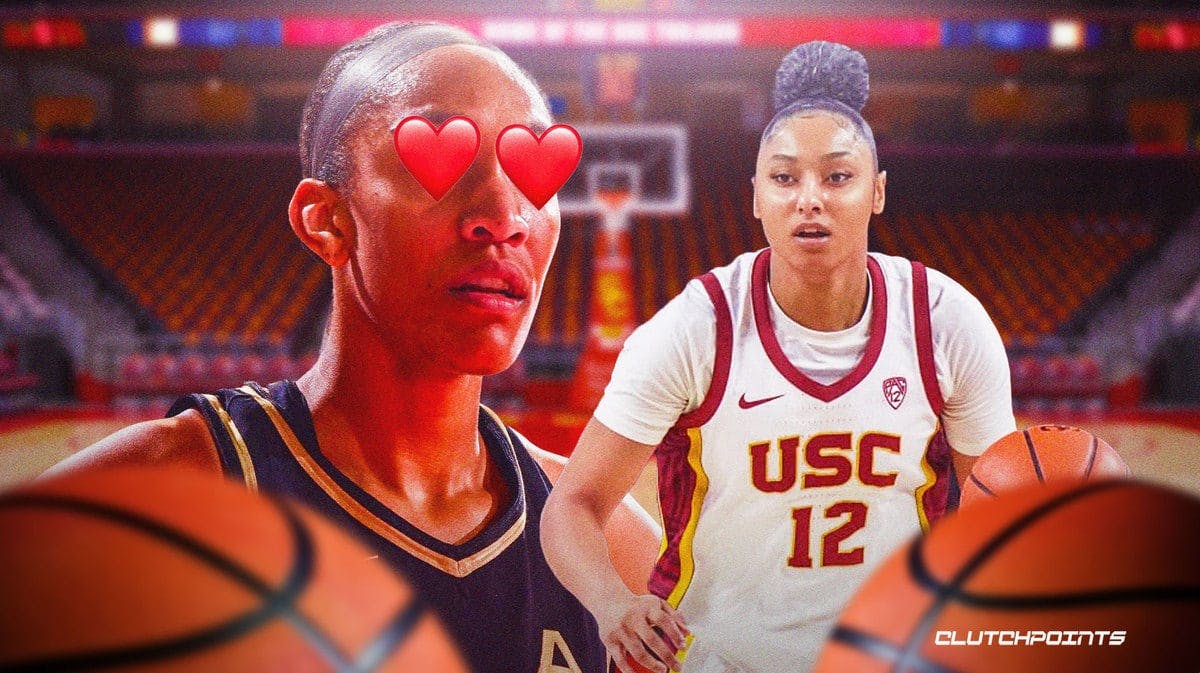 Las Vegas Aces player A’ja Wilson with hearts in her eyes and USC women’s basketball player JuJu Watkins