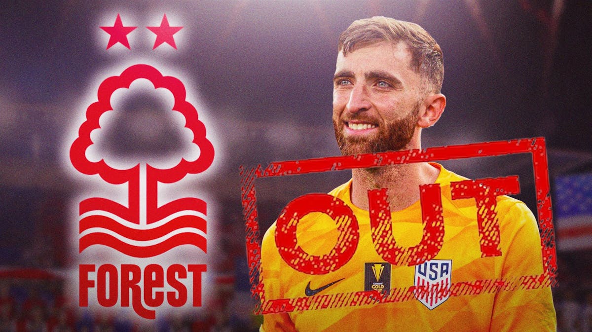 Matt Turner in front of the Nottingham Forest logo with an ‘OUT’ stamp over him USMNT