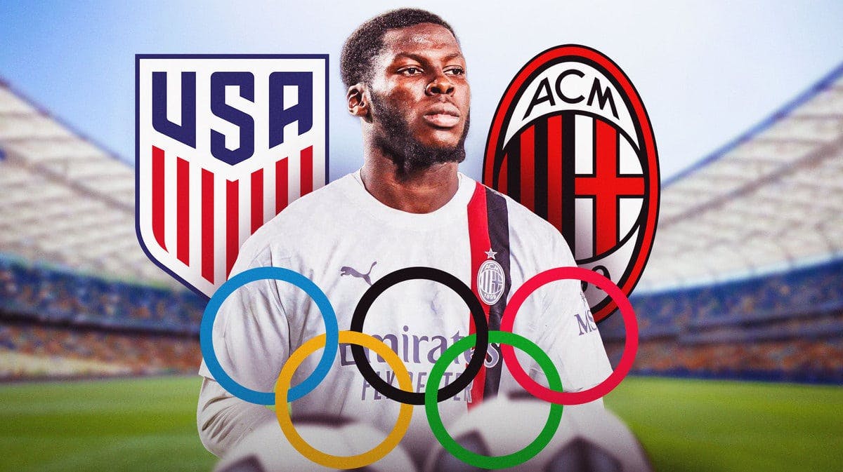 Yunus Musah in front of the USMNT, AC Milan logos and the Olympic rings