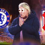 Chelsea manager/new USWNT manager Emma Hayes with the big eyes emoji 👀 looking at the Chelsea F.C. Women logo, with the USWNT logo on the other side of Hayes, with a red X through it