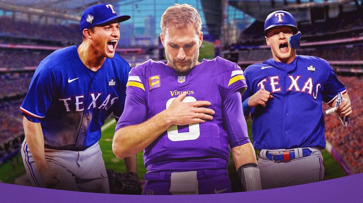 Minnesota Vikings QB Kirk Cousins in middle of image with his head/helmet down looking sad surrounded by the Texas Rangers' Corey Seager and Josh Jung looking happy/celebrating on either side of Cousins