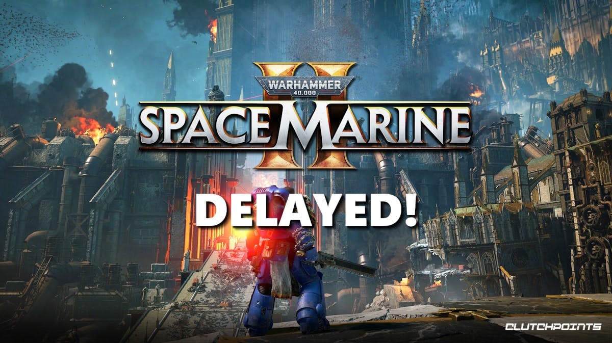 space marine 2 delay, space marine 2 release date, space marine 2, warhammer space marine 2, a screenshot of Warhammer 40k Space Marine 2 with the word Delayed under the game logo