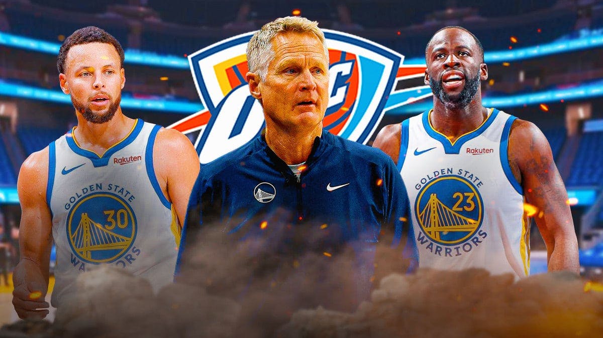 Steve Kerr with Warriors Steph Curry and Draymond Green and Thunder logo