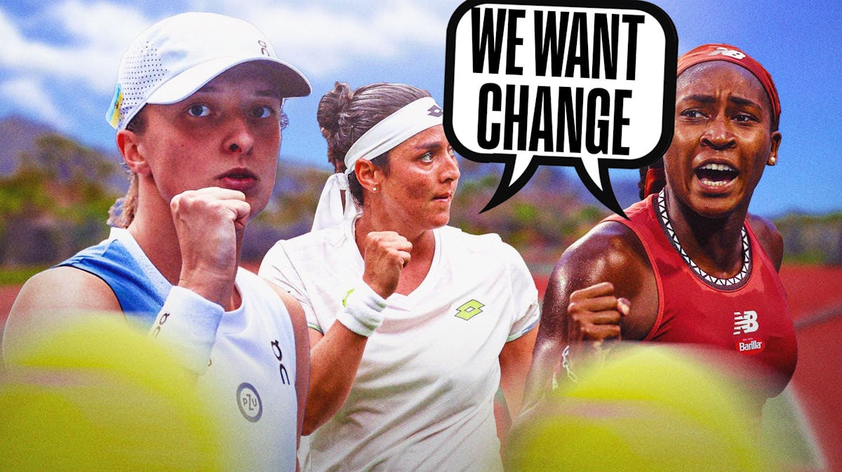 WTA players Iga Swiatek, Coco Gauff and Ons Jabeur on a tennis court with a text bubble above them saying “We want change