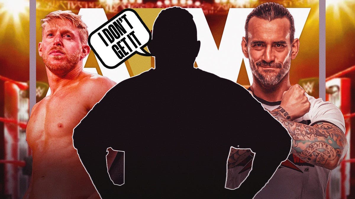The blacked out silhouette of Road Dogg with a text bubble reading “I don’t get it” with CM Punk on his right and Orange Cassidy on his left with the AEW logo as the background.