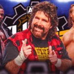 “Cactus Jack” Mick Foley with Swerve Strickland on his left and “Hangman” Adam Page on his right with the AEW Full Gear logo as the background.