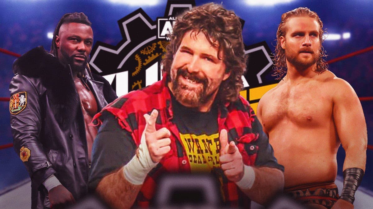 “Cactus Jack” Mick Foley with Swerve Strickland on his left and “Hangman” Adam Page on his right with the AEW Full Gear logo as the background.